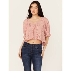 Free People Stacey Lace Crop Top Blush Pink Small Ruffle Puff Sleeve